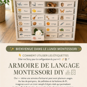 Un cabinet Montessori rempli d'objets pour l'apprentissage du langage.