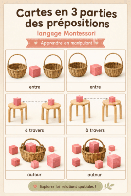 Image de cartes Montessori illustrant des prépositions, adaptées aux enfants.