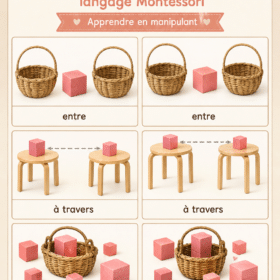 Image de cartes Montessori illustrant des prépositions, adaptées aux enfants.