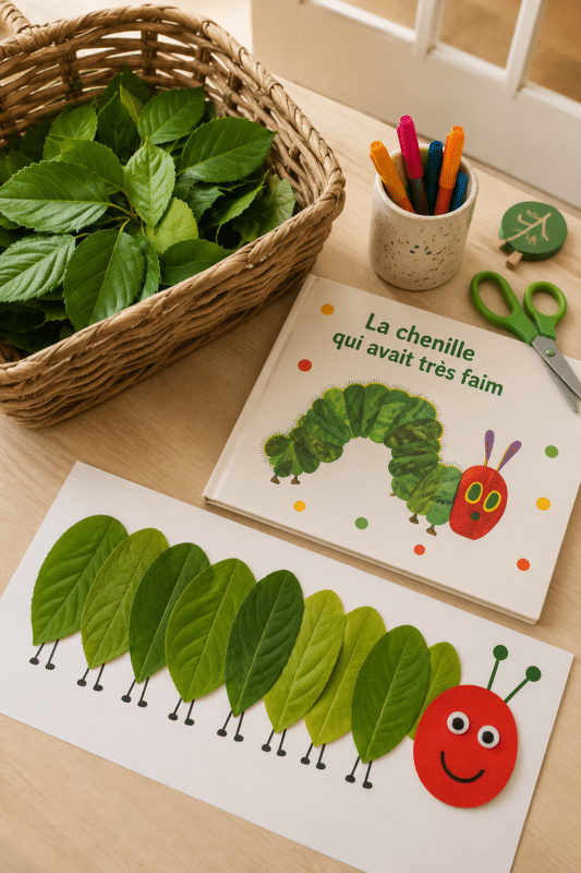 Illustration colorée de La Chenille Affamée, un classique de la littérature enfantine.