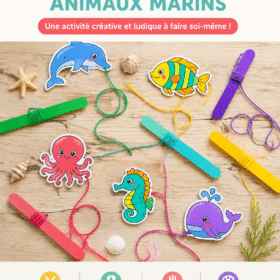 Des enfants fabriquant des animaux marins à partir de bâtonnets en bois pour un jeu DIY créatif.
