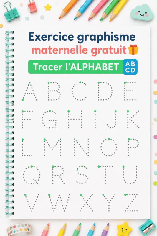 Enfant en train de tracer l'alphabet avec des pointillés sur une feuille.