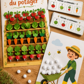Un enfant s'amuse à planter des légumes dans un potager familial.