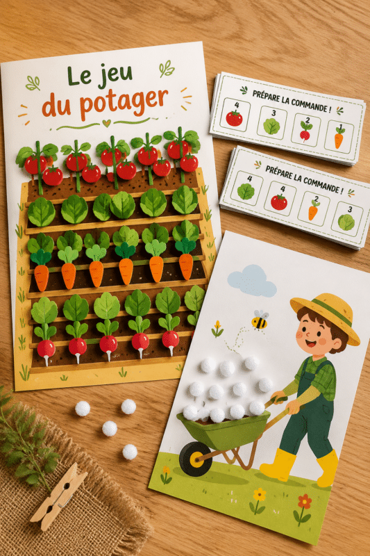 Un enfant s'amuse à planter des légumes dans un potager familial.