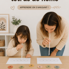 Une mère et son enfant jouant avec des lettres en plastique pour former leur prénom.