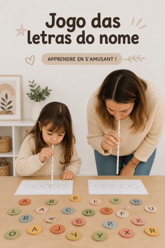 Une mère et son enfant jouant avec des lettres en plastique pour former leur prénom.