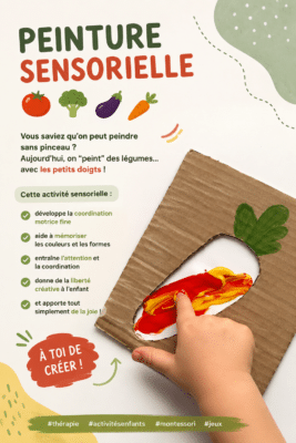 Enfant peint avec des légumes dans un environnement ludique.