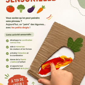 Enfant peint avec des légumes dans un environnement ludique.