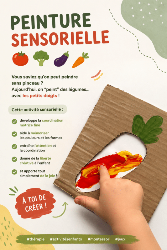 Enfant peint avec des légumes dans un environnement ludique.