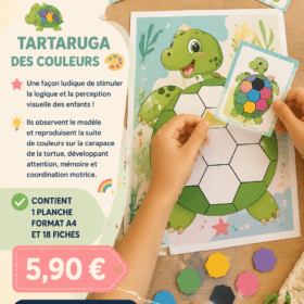 Jeune enfant jouant avec la Tartaruga des couleurs, stimulant son apprentissage.