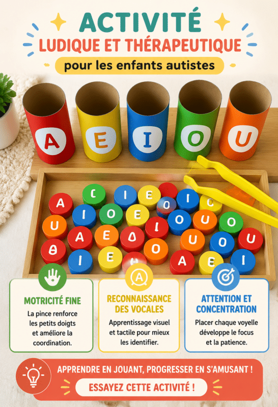 Un enfant jouant avec des lettres colorées, renforçant sa motricité fine et son attention.