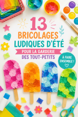 Enfants s'amusant autour de crafts d'été colorés.