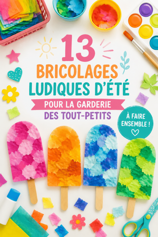 Enfants s'amusant autour de crafts d'été colorés.