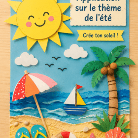 Un enfant dessine un appliqué coloré sur le thème de l'été avec un sourire joyeux.