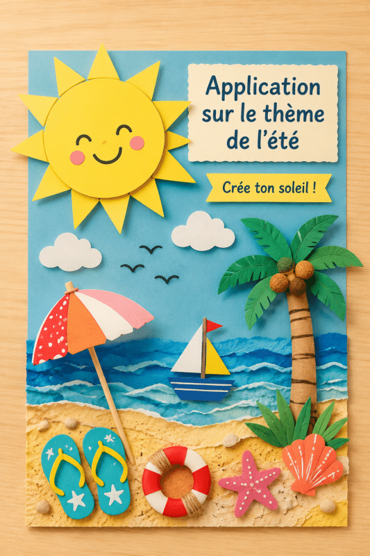Un enfant dessine un appliqué coloré sur le thème de l'été avec un sourire joyeux.