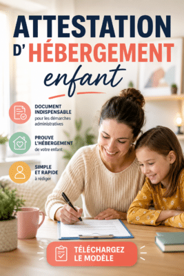 Modèle d’attestation d’hébergement pour un enfant, avec des informations essentielles.