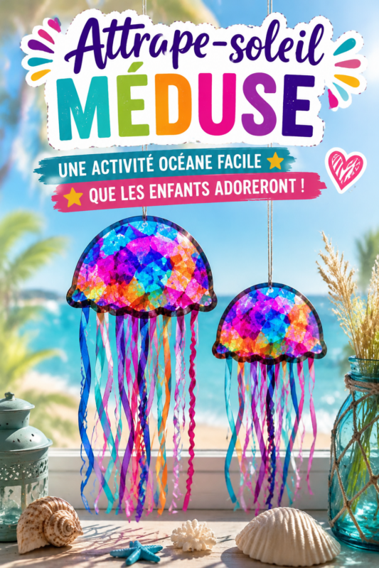 Attrape-soleil en forme de méduse colorée accroché à une fenêtre, capturant la lumière du soleil