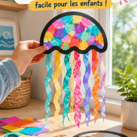 Attrape-soleil en forme de méduse suspendu à une fenêtre, apportant chaleur et couleurs vives.