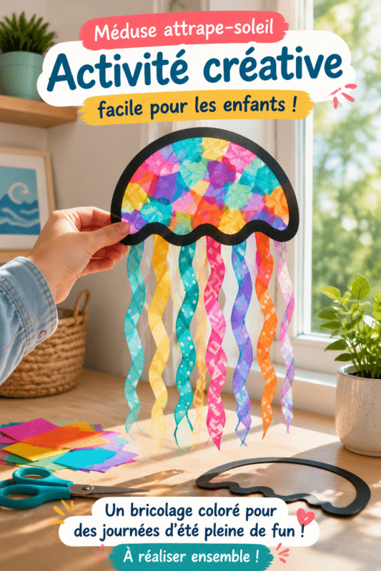 Attrape-soleil en forme de méduse suspendu à une fenêtre, apportant chaleur et couleurs vives.
