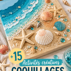 Des enfants créent des bricolages colorés avec des coquillages sur une table.