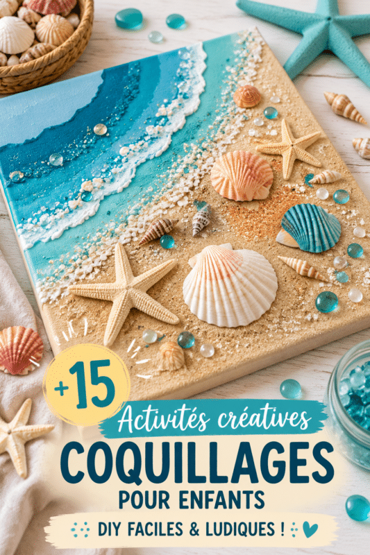 Des enfants créent des bricolages colorés avec des coquillages sur une table.