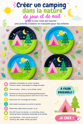 Des enfants s'amusant à créer un camping avec des assiettes en carton colorées.