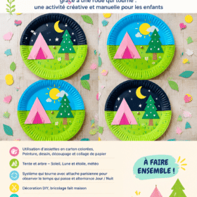 Des enfants s'amusant à créer un camping avec des assiettes en carton colorées.