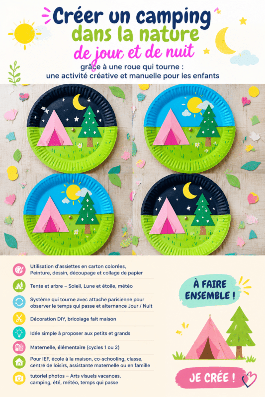 Des enfants s'amusant à créer un camping avec des assiettes en carton colorées.