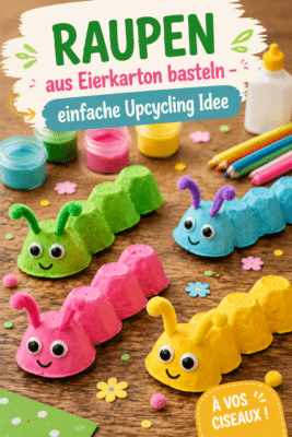 Une chenille en carton découpée et peinte par un enfant dans un cadre coloré.