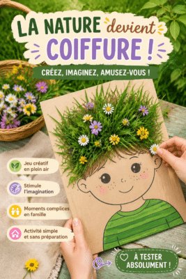 Enfants créant des coiffures fleuries en plein air