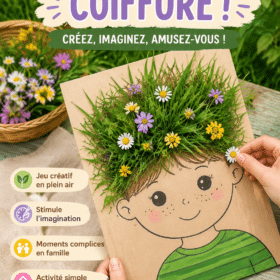 Enfants créant des coiffures fleuries en plein air