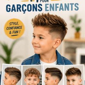 Un petit garçon souriant avec une coiffure stylée et bien entretenue.