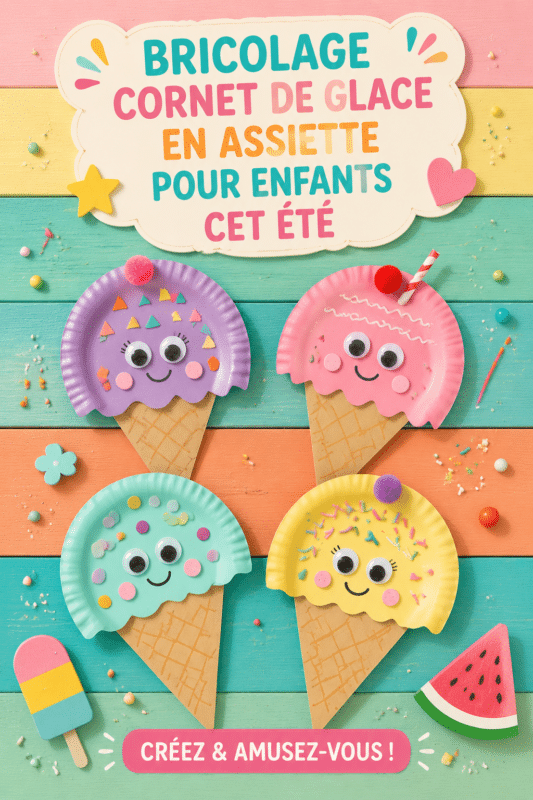 Cônes de glace colorés fabriqués à partir d'assiettes en papier, une activité estivale pour les enfants