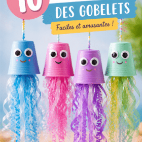 Des gobelets en plastique colorés transformés en créations artisanales pour enfants.