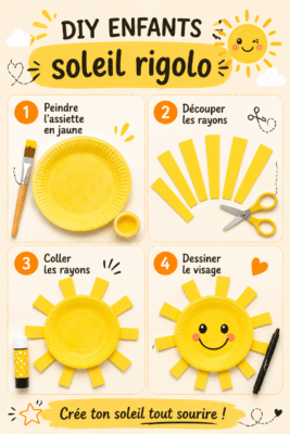 Un enfant tenant son soleil rigolo fait main, souriant fièrement.