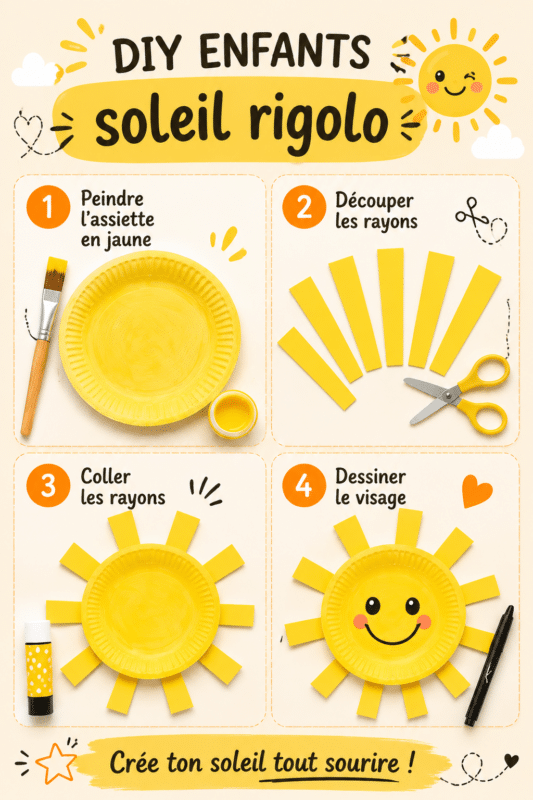 Un enfant tenant son soleil rigolo fait main, souriant fièrement.