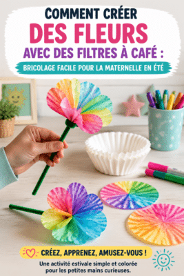 Fleurs colorées réalisées avec des filtres à café, un projet DIY pour enfants.