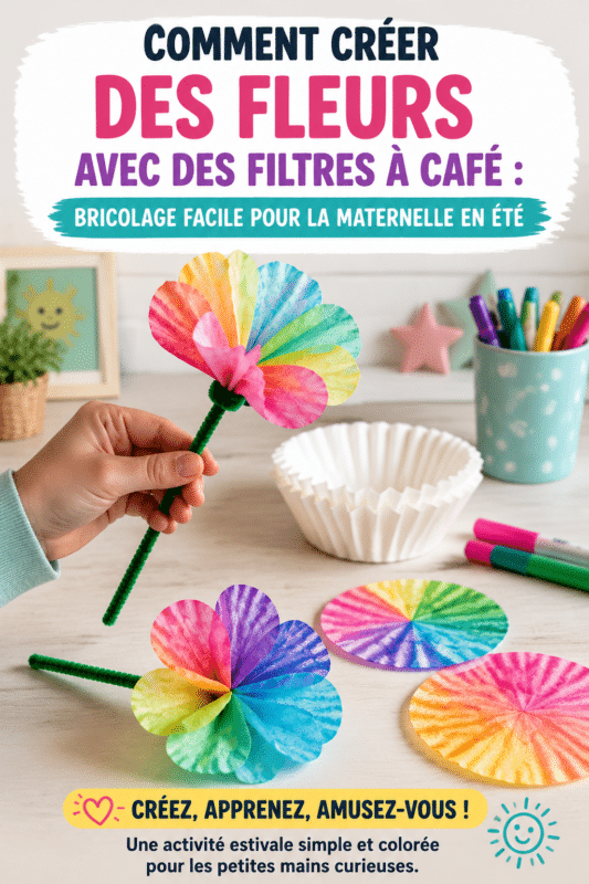 Fleurs colorées réalisées avec des filtres à café, un projet DIY pour enfants.