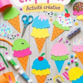 Des glaces en papier colorées créées par un enfant, illustrant une activité manuelle ludique.