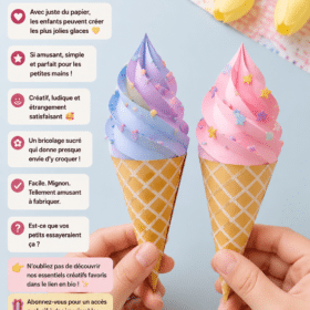 Une famille réalise des glaces en papier colorées ensemble dans une ambiance chaleureuse.