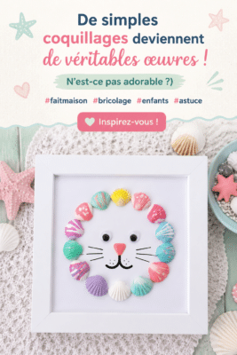 Des créations artistiques en coquillages réalisés par des enfants et exposés sur une table.