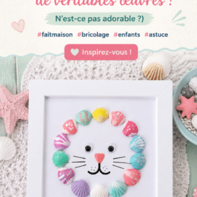 Des créations artistiques en coquillages réalisés par des enfants et exposés sur une table.