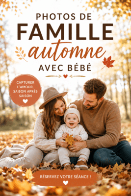 Famille prenant une photo ensemble dans un parc pendant l'automne avec un bébé