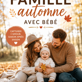 Famille prenant une photo ensemble dans un parc pendant l'automne avec un bébé