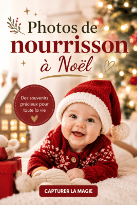 Un nourrisson souriant vêtu d'un bonnet de Noël devant un sapin décoré.