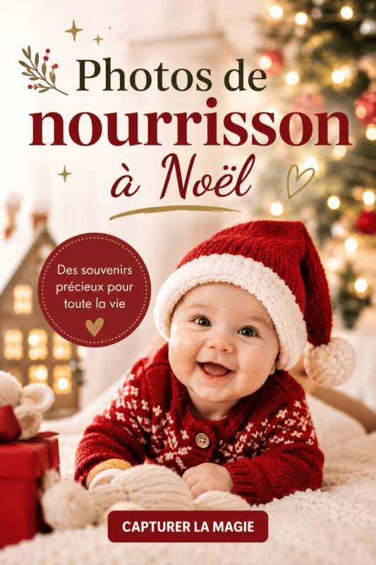 Un nourrisson souriant vêtu d'un bonnet de Noël devant un sapin décoré.