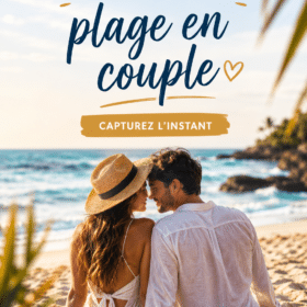Un couple riant sur la plage, capturant un moment romantique ensemble.