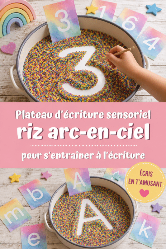 Plateau sensoriel de riz arc-en-ciel rempli d'outils d'écriture pour enfants