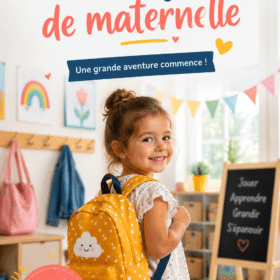 Un enfant souriant avec son sac à dos prêt pour son premier jour de maternelle.