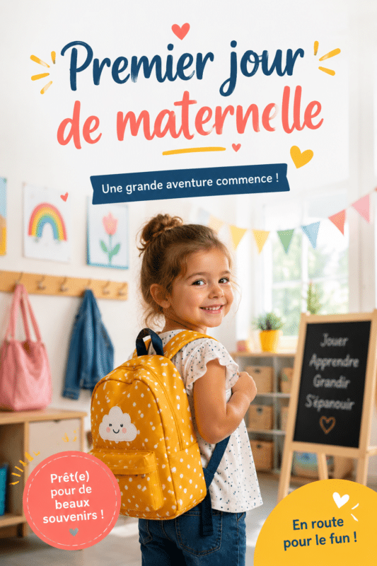 Un enfant souriant avec son sac à dos prêt pour son premier jour de maternelle.